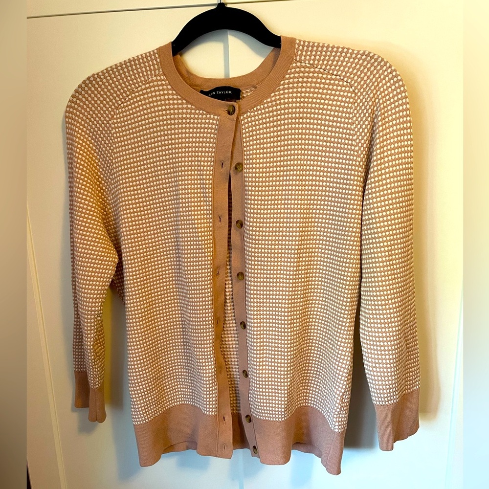 Ann Taylor Cardigan Nude Peach Retro Waffle Knit Cardi Tweed